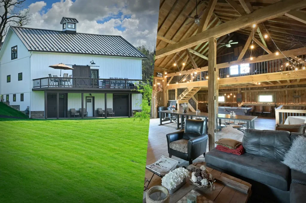Custom white barn with metal roof and wraparound deck, paired with a view of the timber frame interior featuring loft seating, exposed beams, and festive lighting. A versatile Sugarcreek Builder project blending indoor and outdoor living spaces.